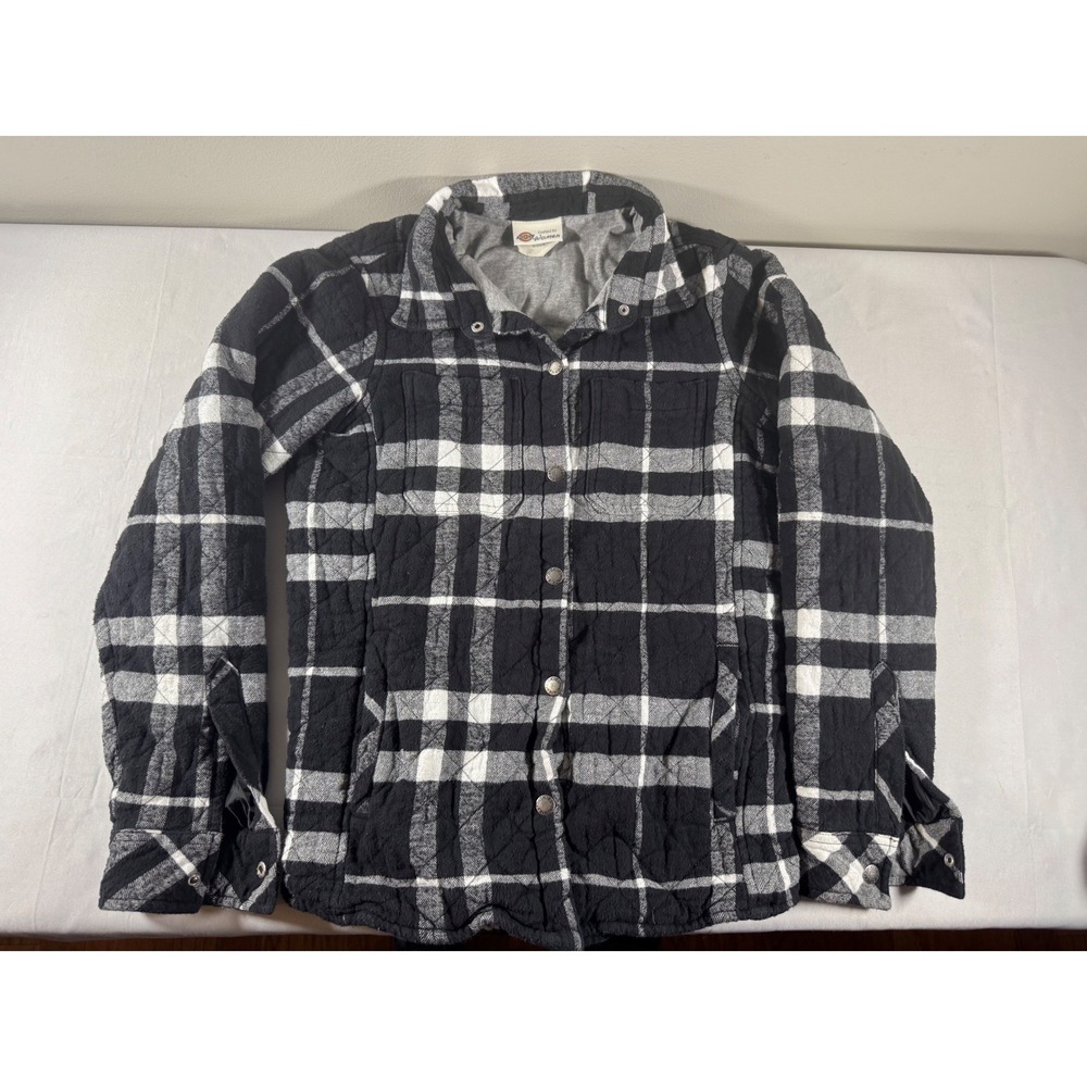 Dickies Women Black White Plaid Quilted Flannel Shirt Jacket Jersey Lined Small